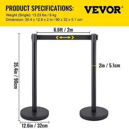 Crowd Control Stanchion, Set of 6 Pieces Stanchion Set, Stanchion Set with 6.6 ft/2 m Black Retractable Belt, Black Crowd Control Barrier with Concrete and Metal Base - Easy Connect Assembly