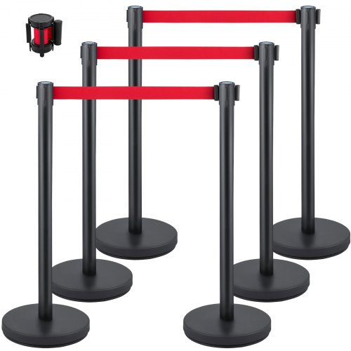 Crowd Control Stanchion, Set of 6 Pieces Stanchion Set, Stanchion Set with 6.6 ft/2 m Red Retractable Belt, Crowd Control Barrier with Rubber Base – Easy Connect Assembly for Crowd Control (Blac