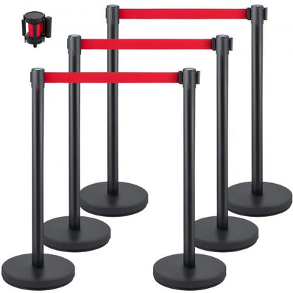 Crowd Control Stanchion, Set of 6 Pieces Stanchion Set, Stanchion Set with 6.6 ft/2 m Red Retractable Belt, Crowd Control Barrier with Rubber Base – Easy Connect Assembly for Crowd Control (Blac