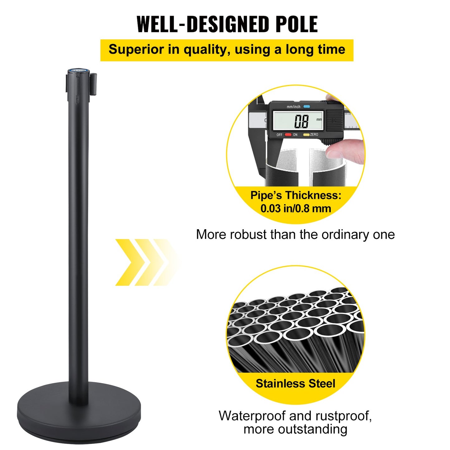Crowd Control Stanchion, Set of 6 Pieces Stanchion Set, Stanchion Set with 6.6 ft/2 m Red Retractable Belt, Crowd Control Barrier with Rubber Base – Easy Connect Assembly for Crowd Control (Blac