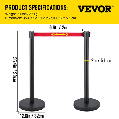 Crowd Control Stanchion, Set of 6 Pieces Stanchion Set, Stanchion Set with 6.6 ft/2 m Red Retractable Belt, Crowd Control Barrier with Rubber Base – Easy Connect Assembly for Crowd Control (Blac