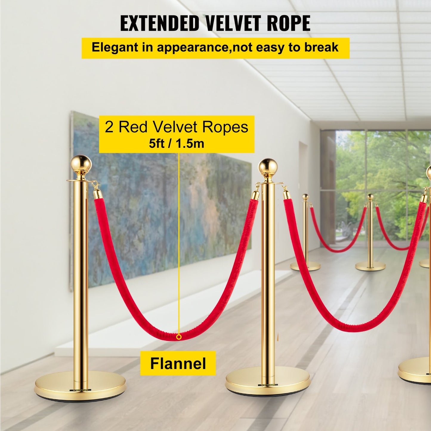 Crowd Control Stanchion, Set of 4 Pieces Stanchion Set, Stanchion Set with 5 ft/1.5 m Red Velvet Rope, Crowd Control Barrier