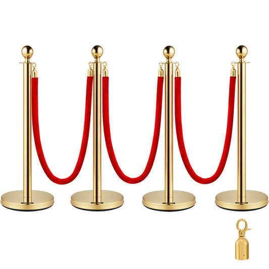 Set med 2 Guld Round Top Queue Control Barriärstolpar Stativ Säkerhet Stanchion Rope Divider Rostfritt stål med 1,5 M röd 3 sammetsrep 4 Pack