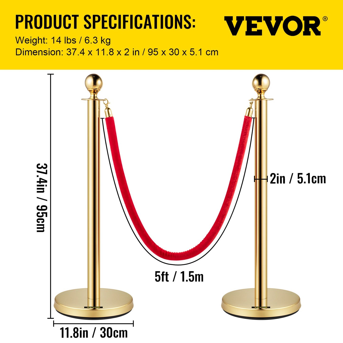 6 PCS Gold Stanchions Posts Stainless Steel Stanchion Queue Post Red Rope Retractable 38In for Both Indoor and Outdoor use.