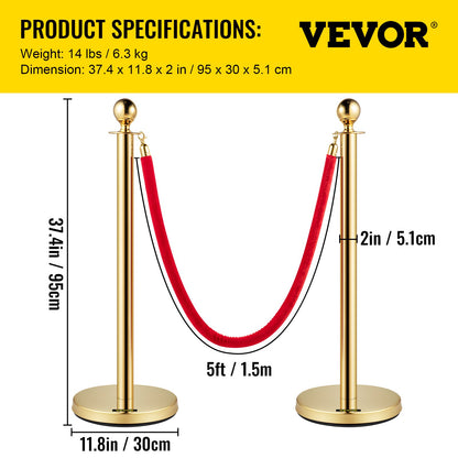 6 PCS Gold Stanchions Posts Stainless Steel Stanchion Queue Post Red Rope Retractable 38In for Both Indoor and Outdoor use.