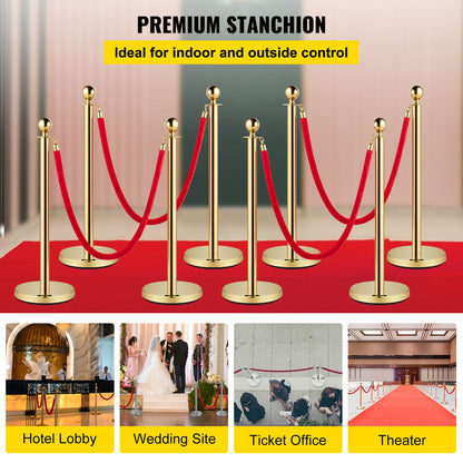 Crowd Control Pole, Set of 8 Pole Set, Steel Set with 5 ft/1.5 m Red Velvet Rope, Gold Crowd Control Barrier with Sturdy Concrete and Metal Base – Easy Assembly