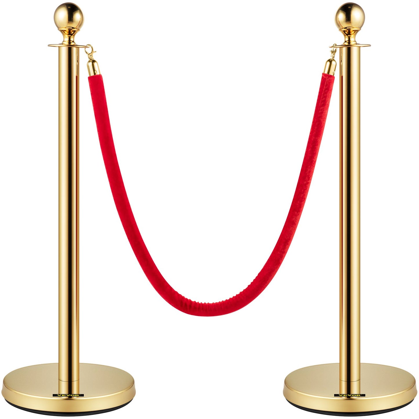 Crowd Control Pole, Set of 8 Pole Set, Steel Set with 5 ft/1.5 m Red Velvet Rope, Gold Crowd Control Barrier with Sturdy Concrete and Metal Base – Easy Assembly