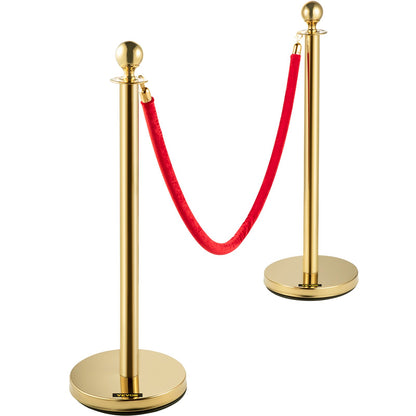 Crowd Control Pole, Set of 8 Pole Set, Steel Set with 5 ft/1.5 m Red Velvet Rope, Gold Crowd Control Barrier with Sturdy Concrete and Metal Base – Easy Assembly