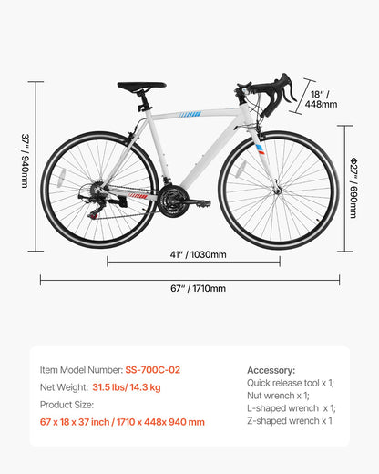 Road Bike, 700C Wheels Racing Bike, SHIMANO 21 Speeds Drivetrain City Commuter Road Bicycle, Urban Adult Sport Bicycle with Carbon Steel Frame, Drop Bar, Caliper Brake, for Men and Women