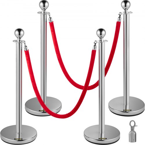 4PCS Stainless Steel Stanchion Posts Queue, Red Velvet Ropes Silver Post, 5FT Rope Barriers Queue Line Crowd Control Barriers for Party Supplies