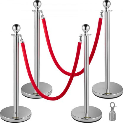 4PCS Stainless Steel Stanchion Posts Queue, Red Velvet Ropes Silver Post, 5FT Rope Barriers Queue Line Crowd Control Barriers for Party Supplies
