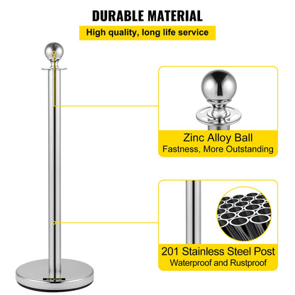6 PCS Crowd Control Stanchion, Silver Stanchions Posts Stainless Steel Stanchion Queue Post Red Rope Retractable 38In for Both Indoor and Outdoor use.