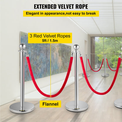 6 PCS Crowd Control Stanchion, Silver Stanchions Posts Stainless Steel Stanchion Queue Post Red Rope Retractable 38In for Both Indoor and Outdoor use.