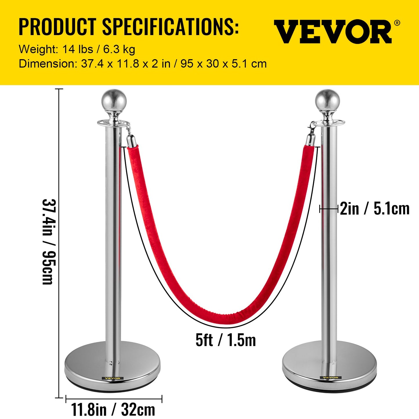 6 PCS Crowd Control Stanchion, Silver Stanchions Posts Stainless Steel Stanchion Queue Post Red Rope Retractable 38In for Both Indoor and Outdoor use.