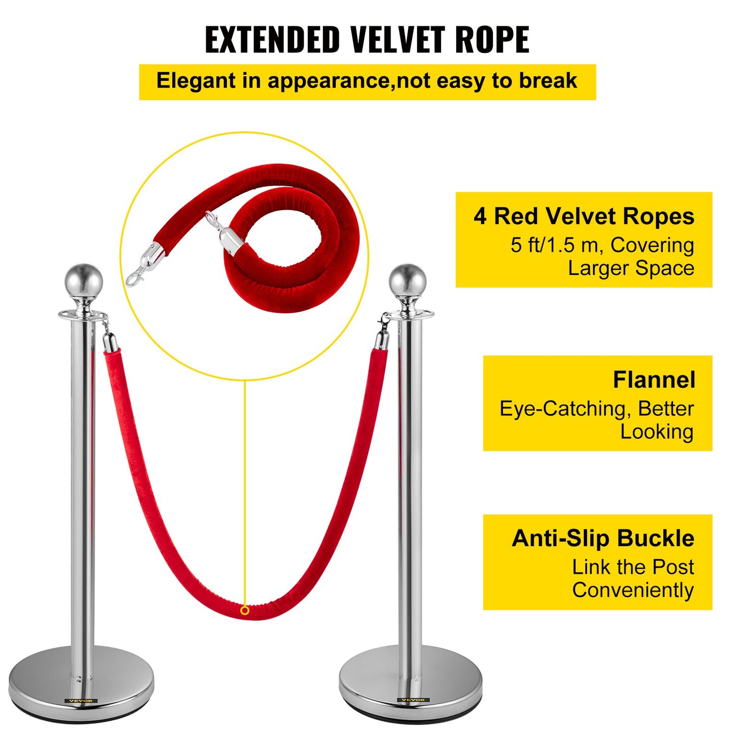 Crowd Control Stanchion, Set of 8 Pieces Silver Stanchion Set, Stanchion Set with 5 ft/1.5 m Red Velvet Rope, Crowd Control Barrier with Sturdy Concrete and Metal Base