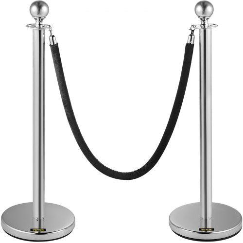 Crowd Control Stanchion, Set of 2 Pieces Stanchion, Stanchion Set with 5 ft/1.5 m Black Velvet Rope, Silver Crowd Control Barrier with Sturdy Concrete and Metal Base – Easy Connect Assembly