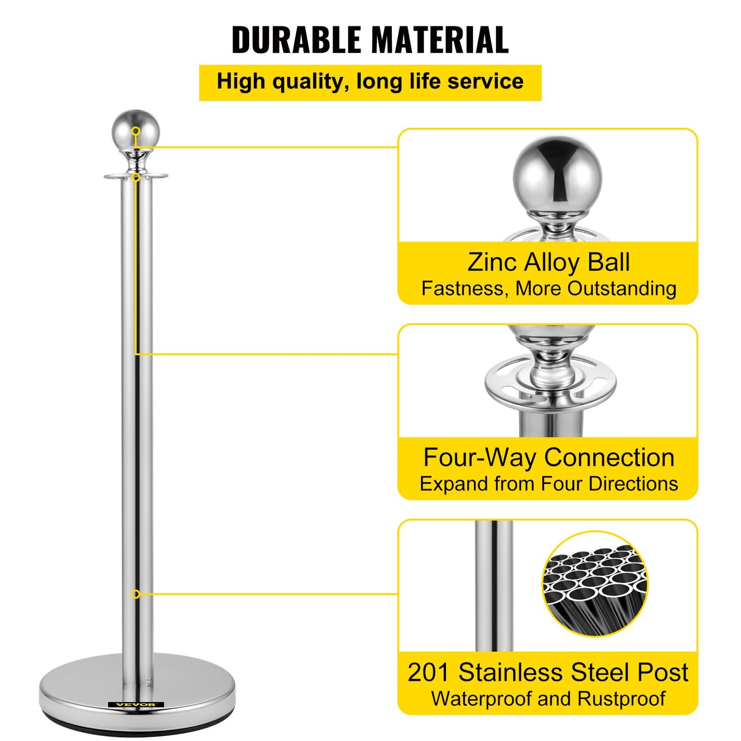 Crowd Control Stanchion, Set of 2 Pieces Stanchion, Stanchion Set with 5 ft/1.5 m Black Velvet Rope, Silver Crowd Control Barrier with Sturdy Concrete and Metal Base – Easy Connect Assembly