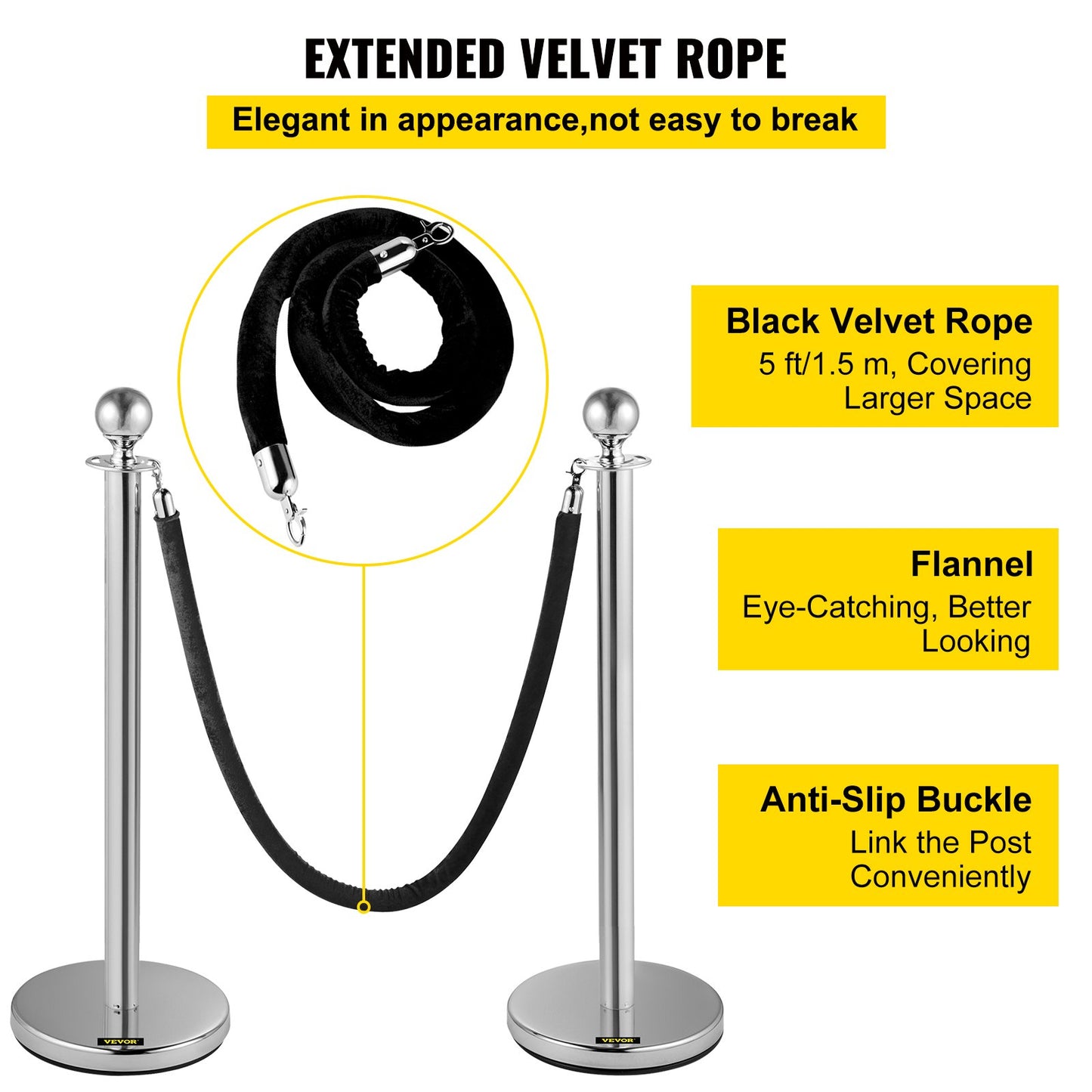 Crowd Control Stanchion, Set of 2 Pieces Stanchion, Stanchion Set with 5 ft/1.5 m Black Velvet Rope, Silver Crowd Control Barrier with Sturdy Concrete and Metal Base – Easy Connect Assembly