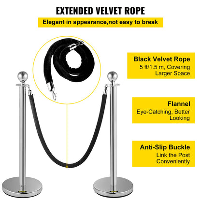 Crowd Control Stanchion, Set of 2 Pieces Stanchion, Stanchion Set with 5 ft/1.5 m Black Velvet Rope, Silver Crowd Control Barrier with Sturdy Concrete and Metal Base – Easy Connect Assembly