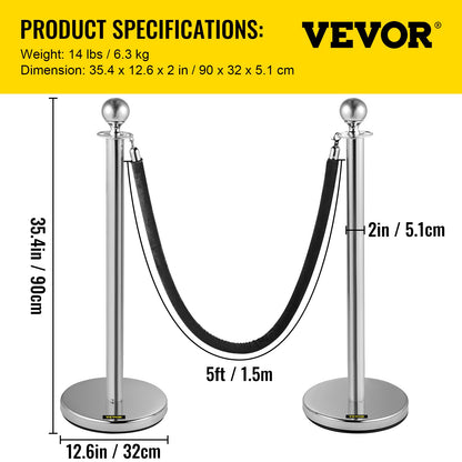 Crowd Control Stanchion, Set of 2 Pieces Stanchion, Stanchion Set with 5 ft/1.5 m Black Velvet Rope, Silver Crowd Control Barrier with Sturdy Concrete and Metal Base – Easy Connect Assembly