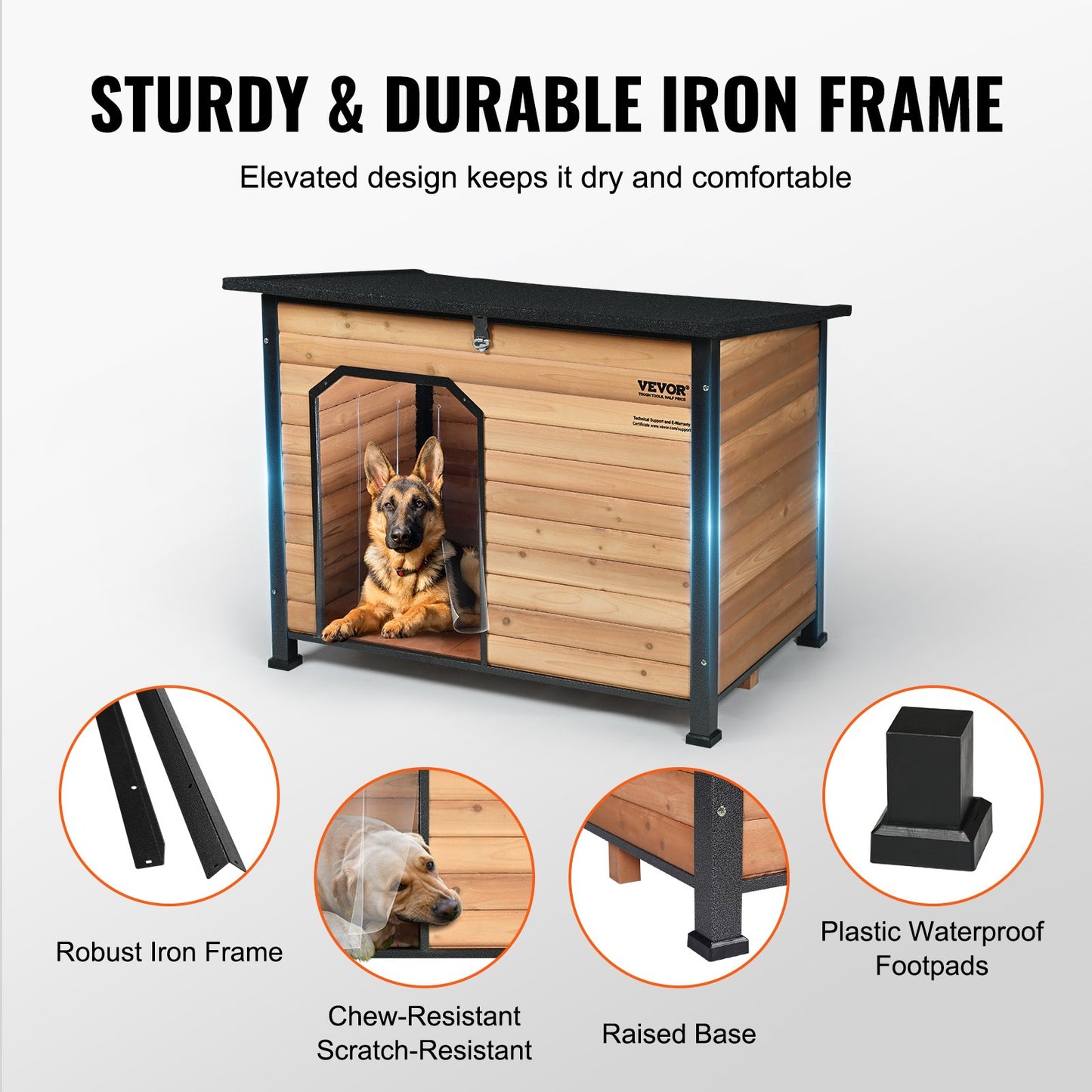 Outdoor Dog House, Waterproof Insulated Dog House with Raised Floor, Anti-Bite Wood Dog House Outdoor Iron Frame, Open Roof, for Medium to Large Dogs