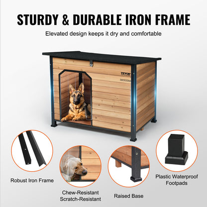 Outdoor Dog House, Waterproof Insulated Dog House with Raised Floor, Anti-Bite Wood Dog House Outdoor Iron Frame, Open Roof, for Medium to Large Dogs
