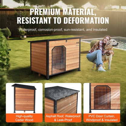 Outdoor Dog House, Waterproof Insulated Dog House with Raised Floor, Anti-Bite Wood Dog House Outdoor Iron Frame, Open Roof, for Medium to Large Dogs