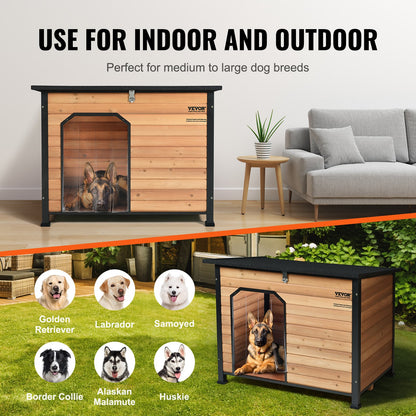 Outdoor Dog House, Waterproof Insulated Dog House with Raised Floor, Anti-Bite Wood Dog House Outdoor Iron Frame, Open Roof, for Medium to Large Dogs