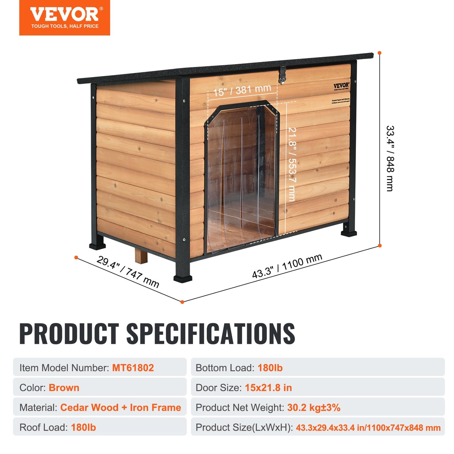Outdoor Dog House, Waterproof Insulated Dog House with Raised Floor, Anti-Bite Wood Dog House Outdoor Iron Frame, Open Roof, for Medium to Large Dogs