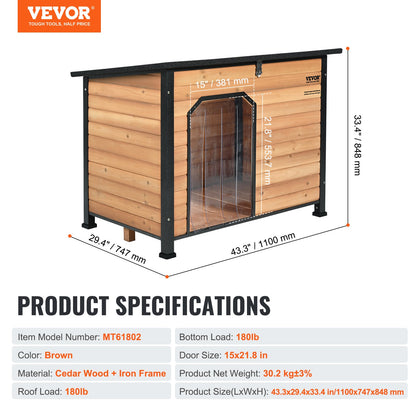 Outdoor Dog House, Waterproof Insulated Dog House with Raised Floor, Anti-Bite Wood Dog House Outdoor Iron Frame, Open Roof, for Medium to Large Dogs