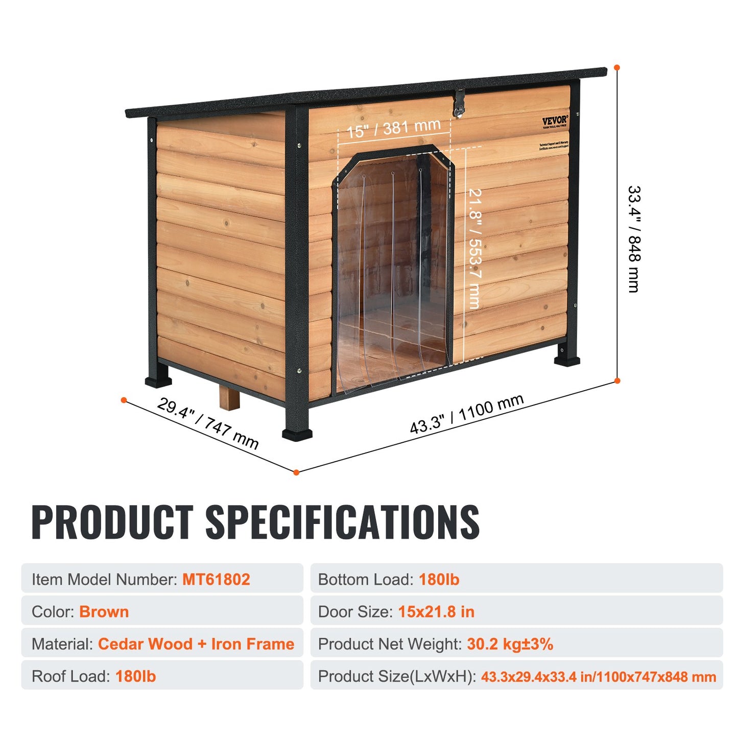 Outdoor Dog House, Waterproof Insulated Dog House with Raised Floor, Anti-Bite Wood Dog House Outdoor Iron Frame, Open Roof, for Medium to Large Dogs
