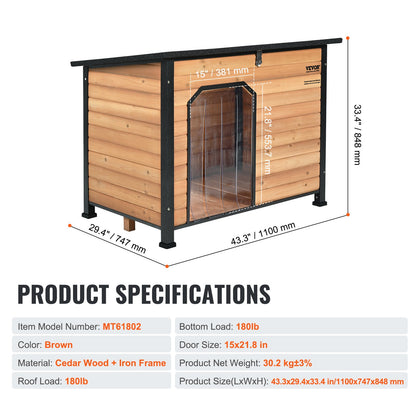 Outdoor Dog House, Waterproof Insulated Dog House with Raised Floor, Anti-Bite Wood Dog House Outdoor Iron Frame, Open Roof, for Medium to Large Dogs