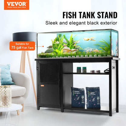 Aquarium Stand, 75 Gallon Fish Tank Stand, 52 x 19.7 x 32.3 in Steel and MDF Turtle Tank Stand, 626 lbs Load Capacity, Reptile Tank Stand with Storage Cabinet and Built-in Power Panel, Black