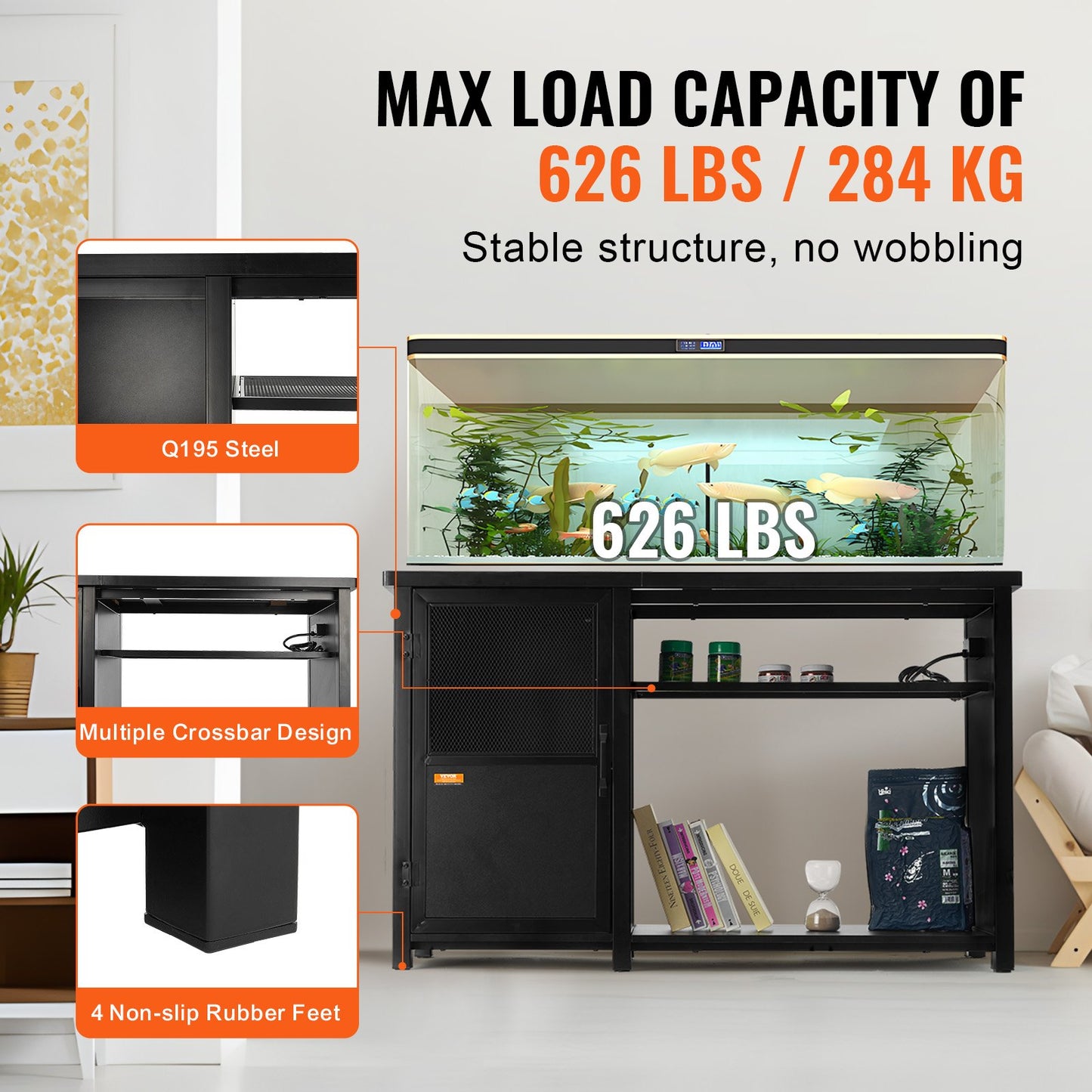 Aquarium Stand, 75 Gallon Fish Tank Stand, 52 x 19.7 x 32.3 in Steel and MDF Turtle Tank Stand, 626 lbs Load Capacity, Reptile Tank Stand with Storage Cabinet and Built-in Power Panel, Black