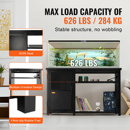 Aquarium Stand, 75 Gallon Fish Tank Stand, 52 x 19.7 x 32.3 in Steel and MDF Turtle Tank Stand, 626 lbs Load Capacity, Reptile Tank Stand with Storage Cabinet and Built-in Power Panel, Black