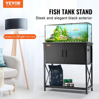 Aquarium Stand, 29 Gallon Fish Tank Stand, 28.7 x 16.5 x 30 in Steel and MDF Turtle Tank Stand, 242.5 lbs Load Capacity, Reptile Tank Stand with Storage Cabinet and Built-in Power Panel, Black