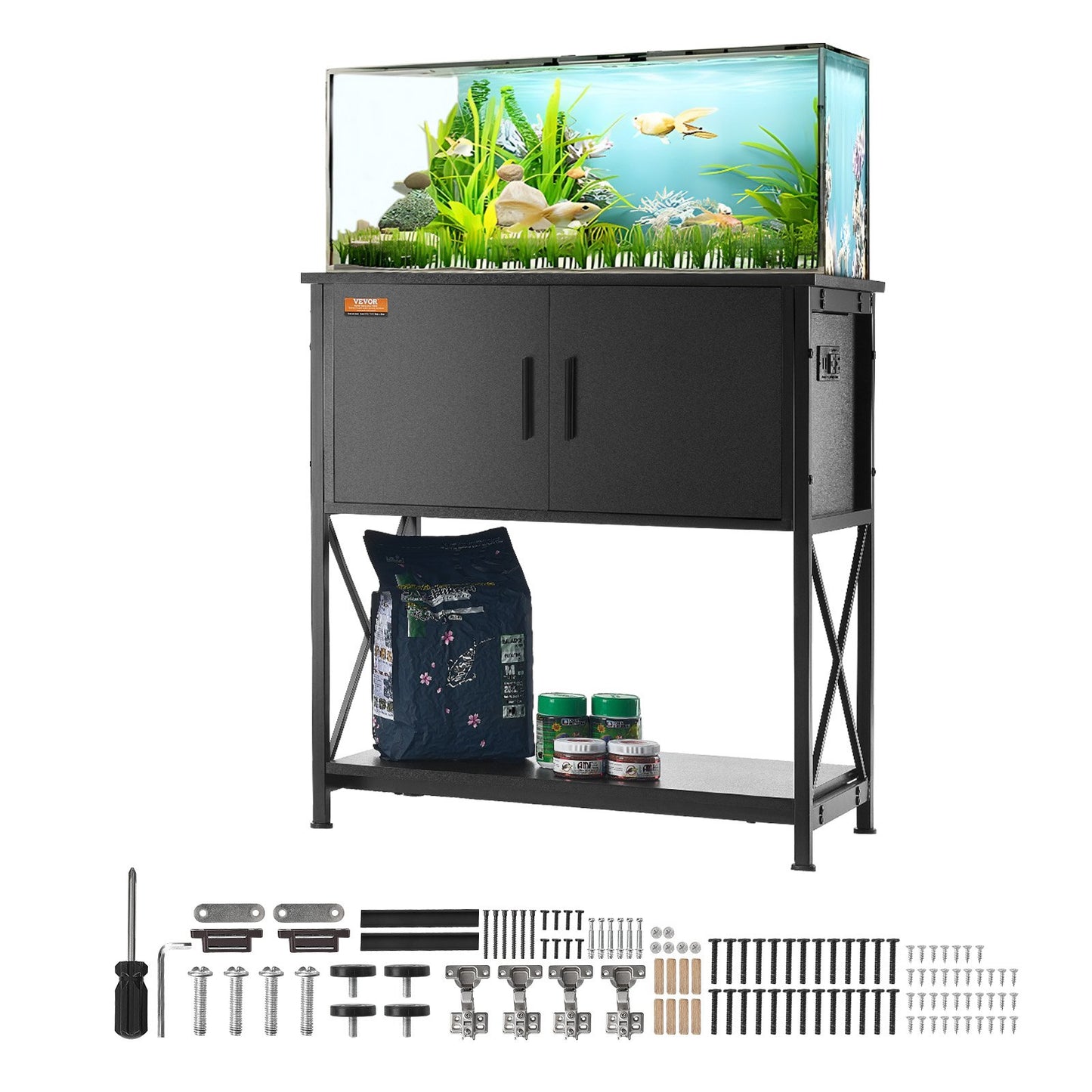 Aquarium Stand, 29 Gallon Fish Tank Stand, 28.7 x 16.5 x 30 in Steel and MDF Turtle Tank Stand, 242.5 lbs Load Capacity, Reptile Tank Stand with Storage Cabinet and Built-in Power Panel, Black