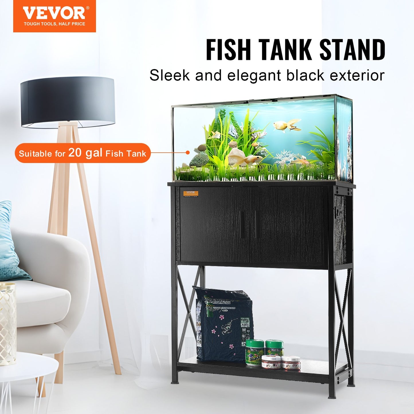 Aquarium Stand, 20 Gallon Fish Tank Stand, 25.6 x 16.5 x 31.9 in Steel and MDF Turtle Tank Stand, 167.6 lbs Load Capacity, Reptile Tank Stand with Storage Cabinet and Built-in Power Panel, Black