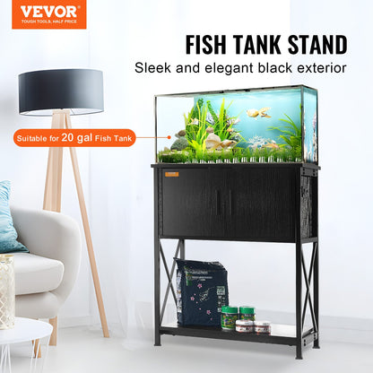 Aquarium Stand, 20 Gallon Fish Tank Stand, 25.6 x 16.5 x 31.9 in Steel and MDF Turtle Tank Stand, 167.6 lbs Load Capacity, Reptile Tank Stand with Storage Cabinet and Built-in Power Panel, Black