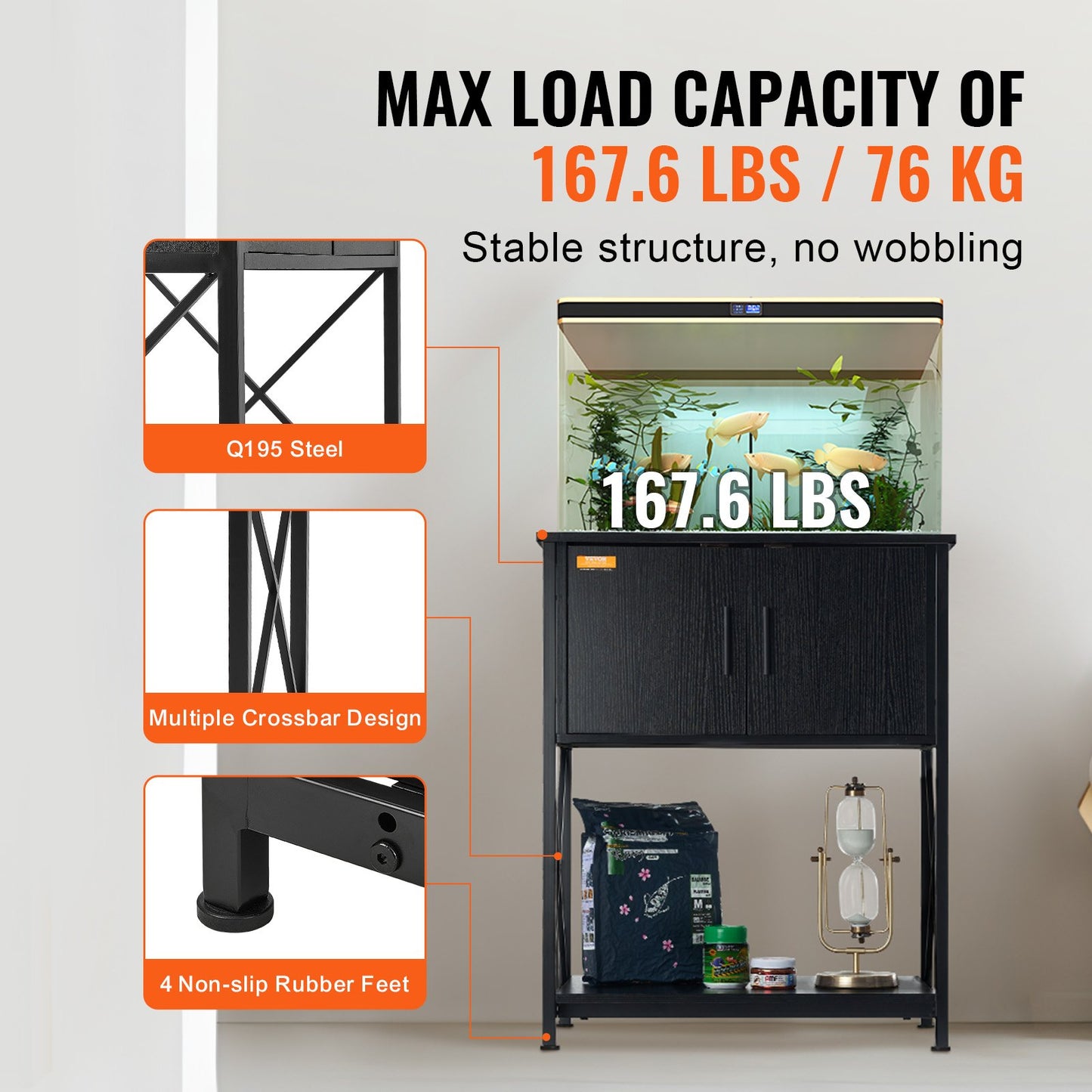 Aquarium Stand, 20 Gallon Fish Tank Stand, 25.6 x 16.5 x 31.9 in Steel and MDF Turtle Tank Stand, 167.6 lbs Load Capacity, Reptile Tank Stand with Storage Cabinet and Built-in Power Panel, Black