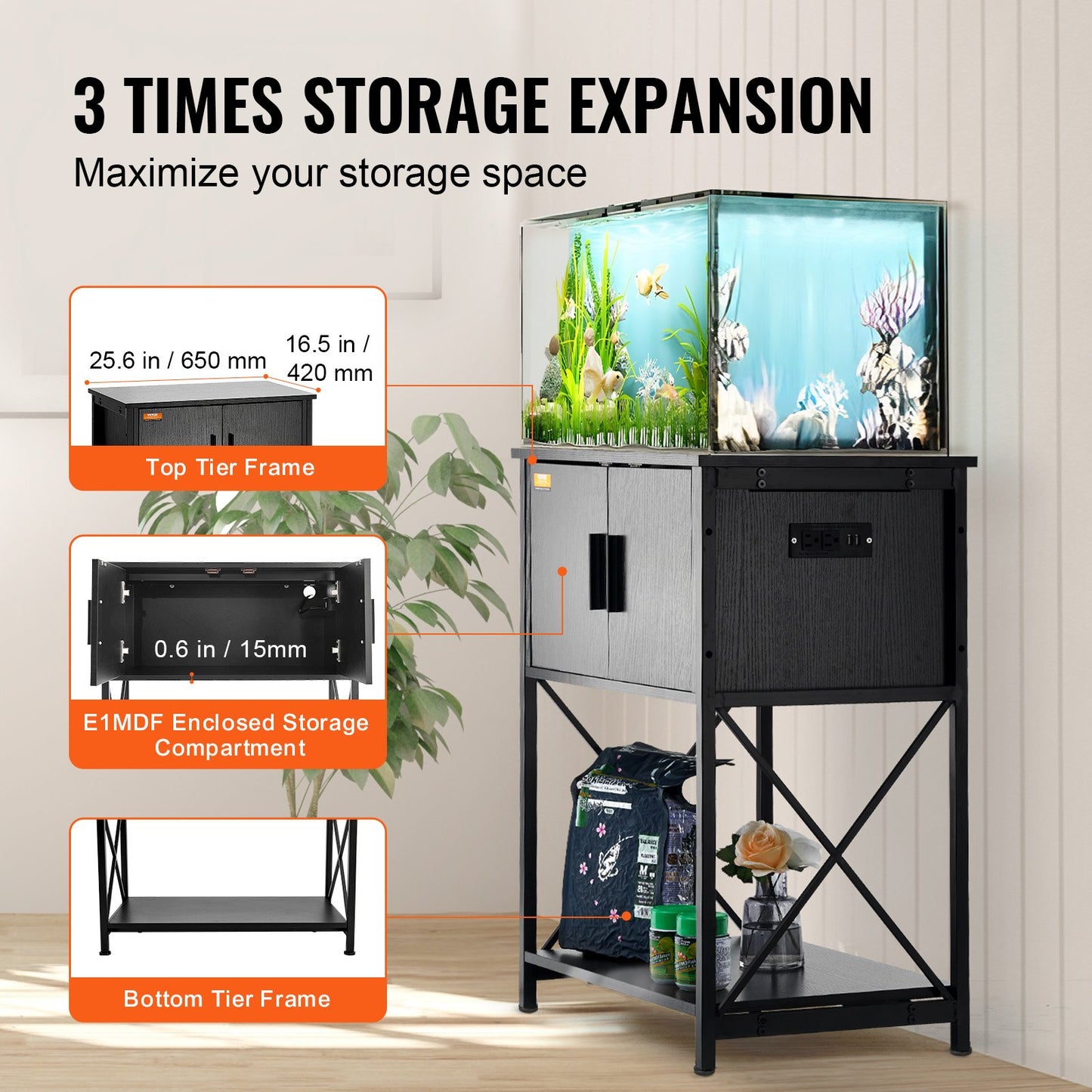 Aquarium Stand, 20 Gallon Fish Tank Stand, 25.6 x 16.5 x 31.9 in Steel and MDF Turtle Tank Stand, 167.6 lbs Load Capacity, Reptile Tank Stand with Storage Cabinet and Built-in Power Panel, Black