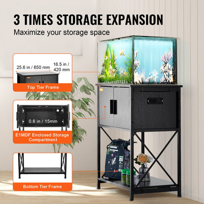 Aquarium Stand, 20 Gallon Fish Tank Stand, 25.6 x 16.5 x 31.9 in Steel and MDF Turtle Tank Stand, 167.6 lbs Load Capacity, Reptile Tank Stand with Storage Cabinet and Built-in Power Panel, Black