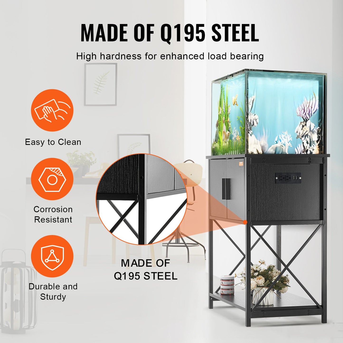 Aquarium Stand, 20 Gallon Fish Tank Stand, 25.6 x 16.5 x 31.9 in Steel and MDF Turtle Tank Stand, 167.6 lbs Load Capacity, Reptile Tank Stand with Storage Cabinet and Built-in Power Panel, Black