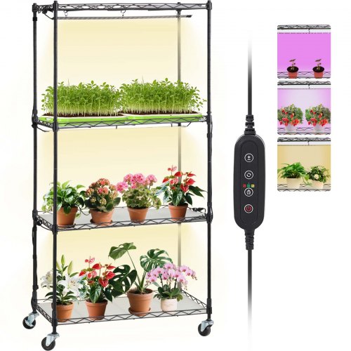 Plant Stand with Grow Light, 4-Tier Plant Shelf with 45W Full Spectrum Grow Light, 3 Mode Plant Light with Timer and Wheel for Seed Starting, Metal Grow Light Shelf for Indoor Plants