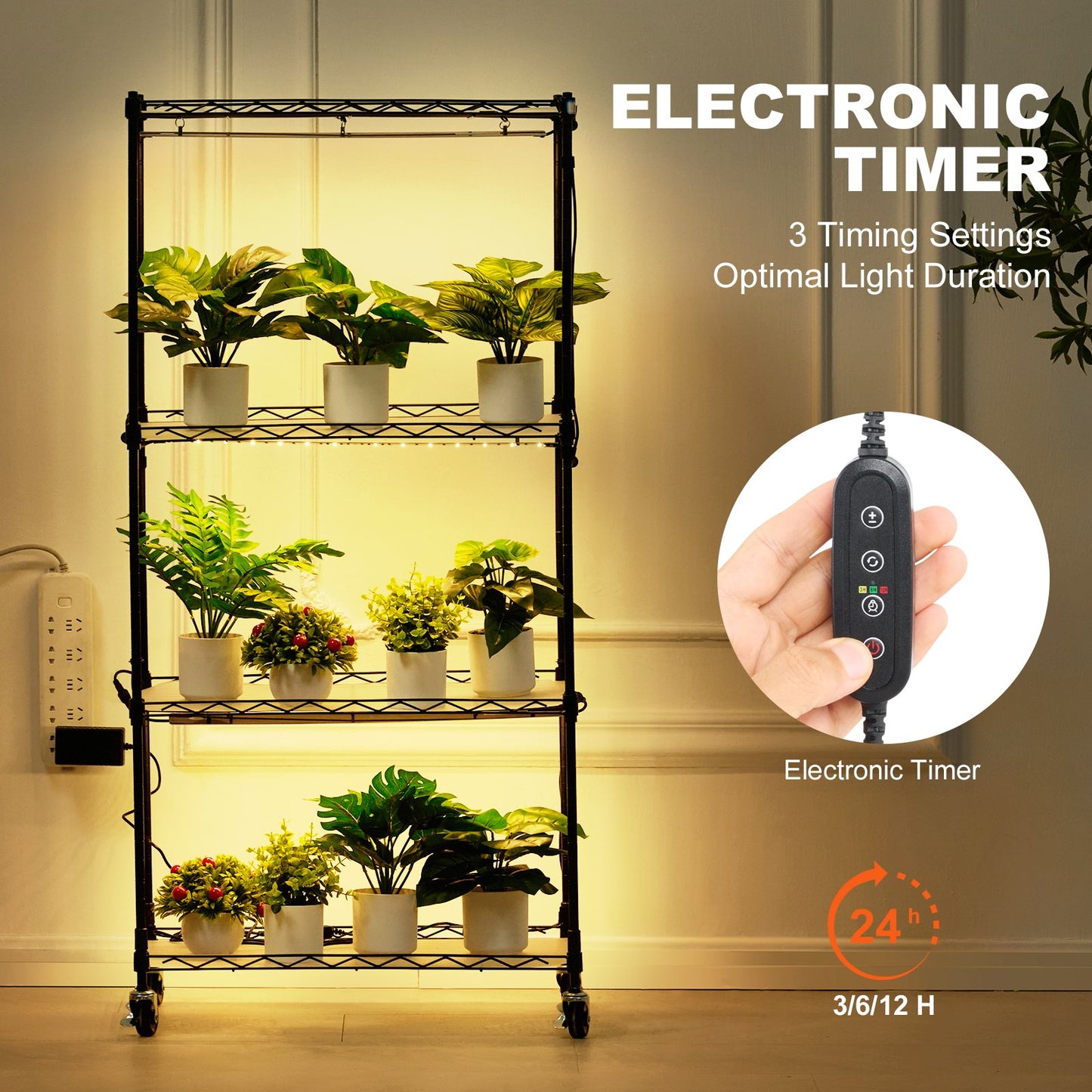 Plant Stand with Grow Light, 4-Tier Plant Shelf with 45W Full Spectrum Grow Light, 3 Mode Plant Light with Timer and Wheel for Seed Starting, Metal Grow Light Shelf for Indoor Plants