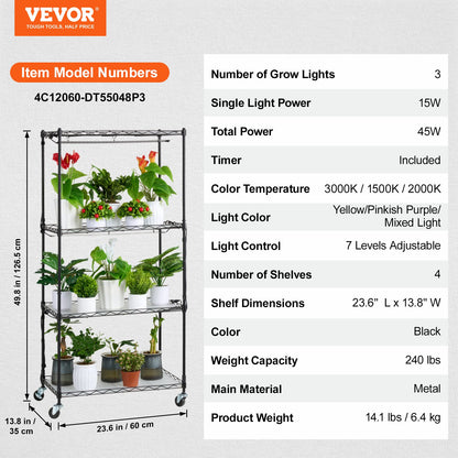 Plant Stand with Grow Light, 4-Tier Plant Shelf with 45W Full Spectrum Grow Light, 3 Mode Plant Light with Timer and Wheel for Seed Starting, Metal Grow Light Shelf for Indoor Plants
