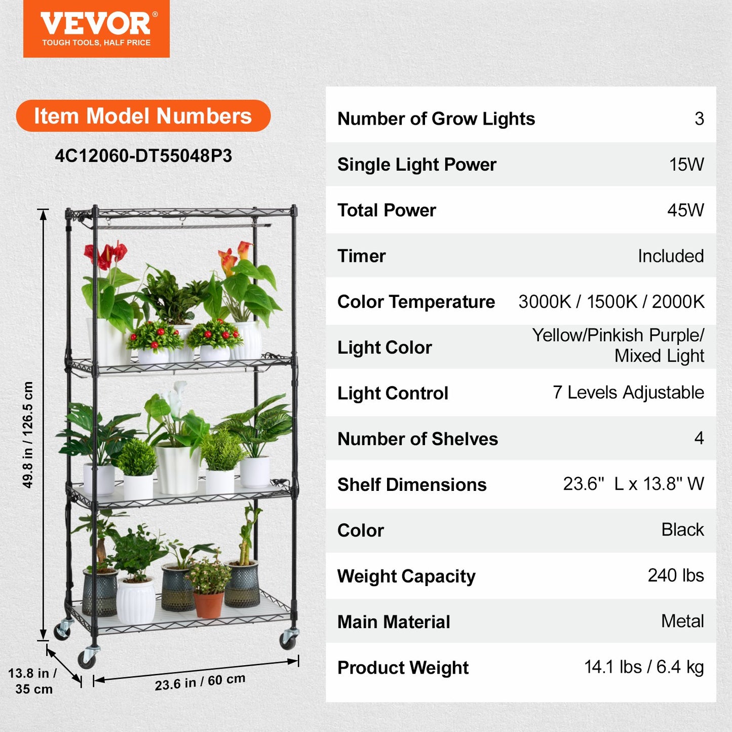 Plant Stand med Grow Lights 4 Eters 45W 49,8" Tall Plant Grow Hylla