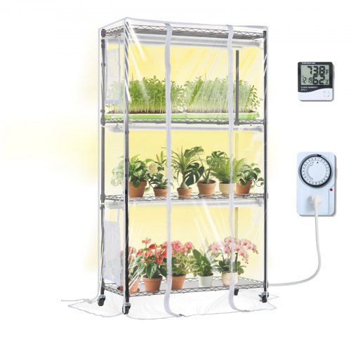 Plant Stand with Grow Light, Grow Light Shelf with Cover and Thermometer, 4 Tiers 180W Plant Shelf with Grow Light, Full Spectrum Light Mini Greenhouse Plant Stand with Timer for Seed Starting