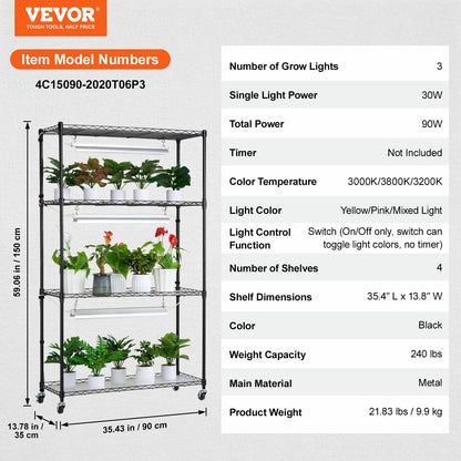 Plant Stand med Grow Lights 4 våningar 90W 59" Tall Plant Grow Hylla