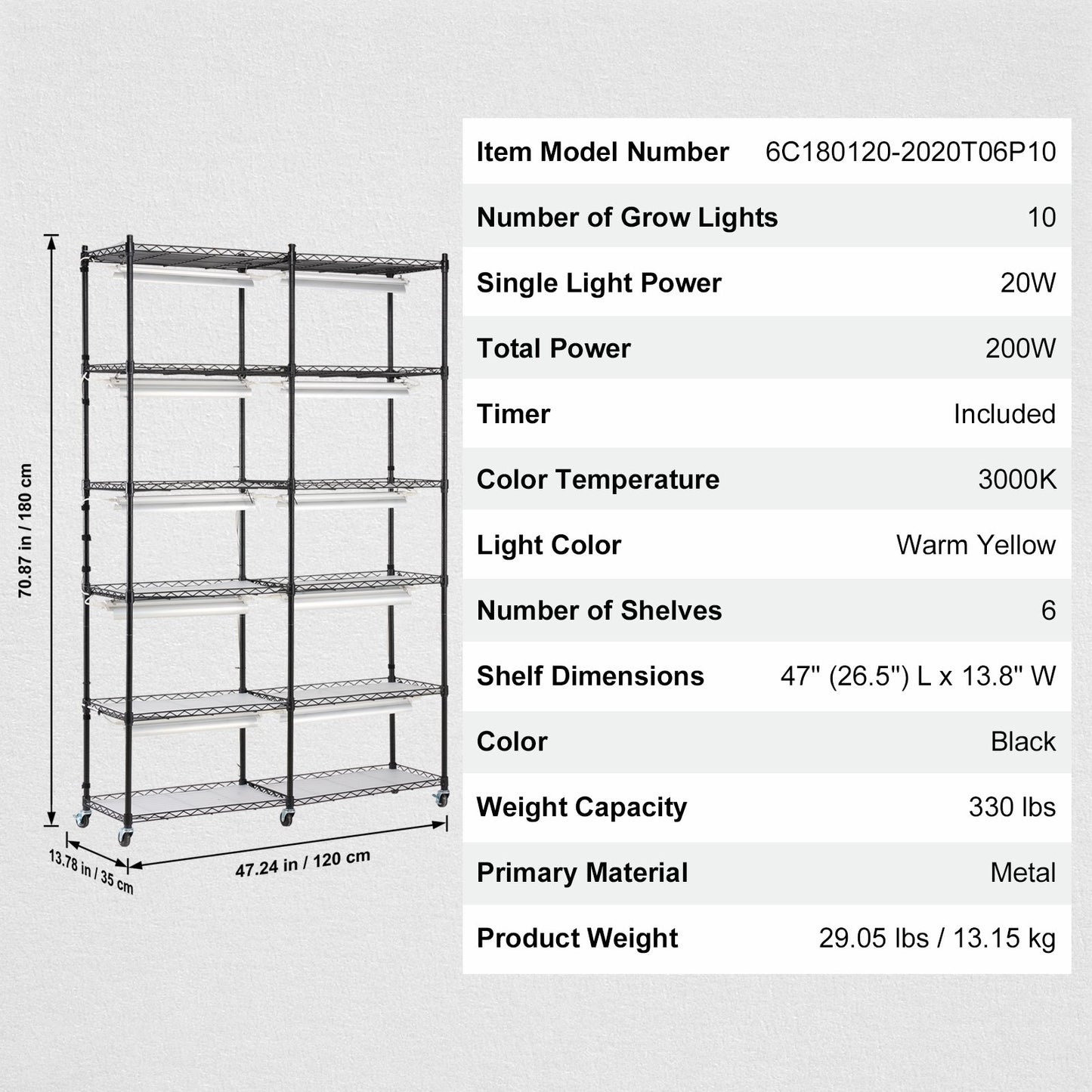 Pflanzenständer mit Wachstumslicht, 6 Ebenen, 200 W, 149,9 cm, Pflanzenregal für den Innenbereich